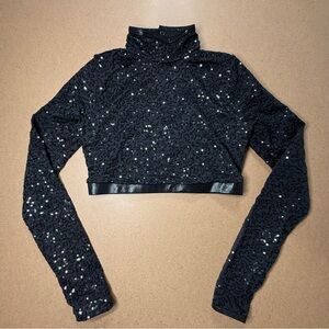 Black Sequin Crop Top Long Sleeve High Neck Festival Rave Small
